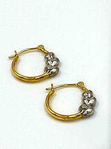 Two Tone White and Yellow Gold Triple Heart Hoop Earrings