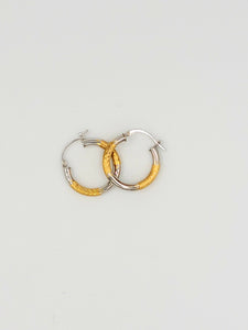 Two Tone White and Yellow Gold Etched Huggie Hoop Earrings