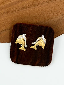 Two Tone Gold Double Dolphin Stud Earrings