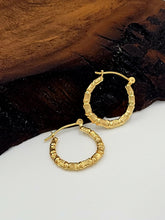 Load image into Gallery viewer, Yellow Gold Etched Branch Huggie Hoop Earrings
