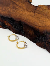 Load image into Gallery viewer, Two Tone White and Yellow Gold Triple Heart Hoop Earrings
