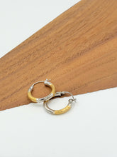 Load image into Gallery viewer, Two Tone White and Yellow Gold Etched Huggie Hoop Earrings
