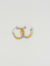 Load image into Gallery viewer, Two Tone White and Yellow Gold Etched Huggie Hoop Earrings
