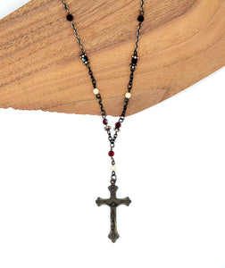 Crucifix with Red Crystals and Fresh Water Pear