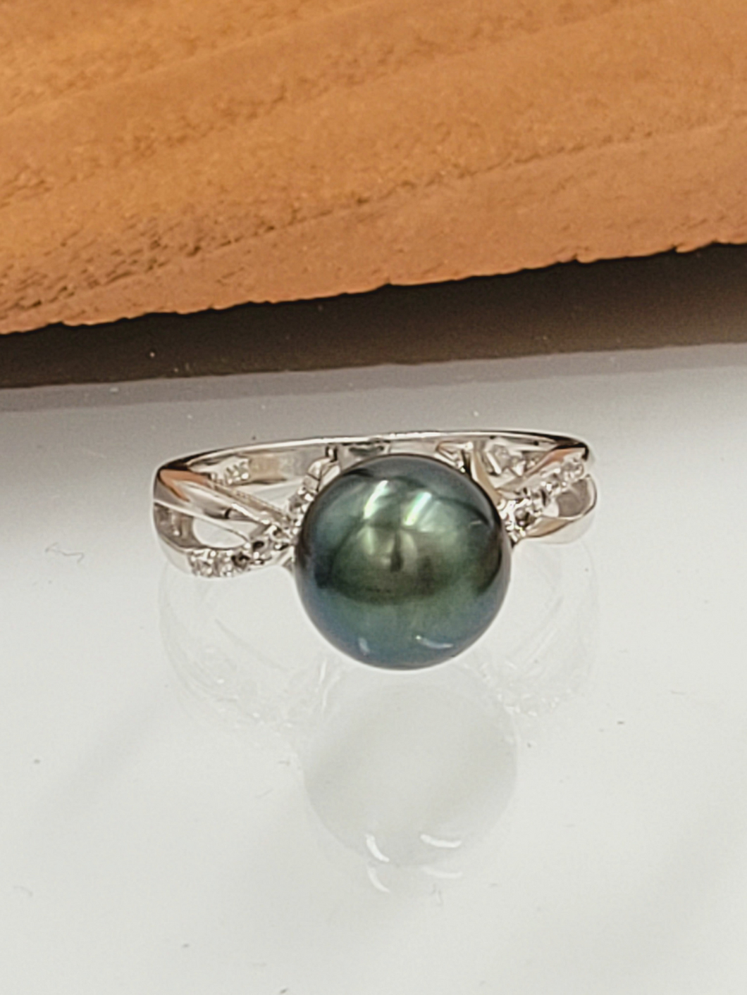 Silver Tahitian South Sea Pearl with Diamond Accent Ring