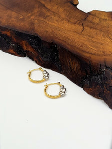 Two Tone White and Yellow Gold Triple Heart Hoop Earrings