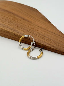 Two Tone White and Yellow Gold Etched Huggie Hoop Earrings