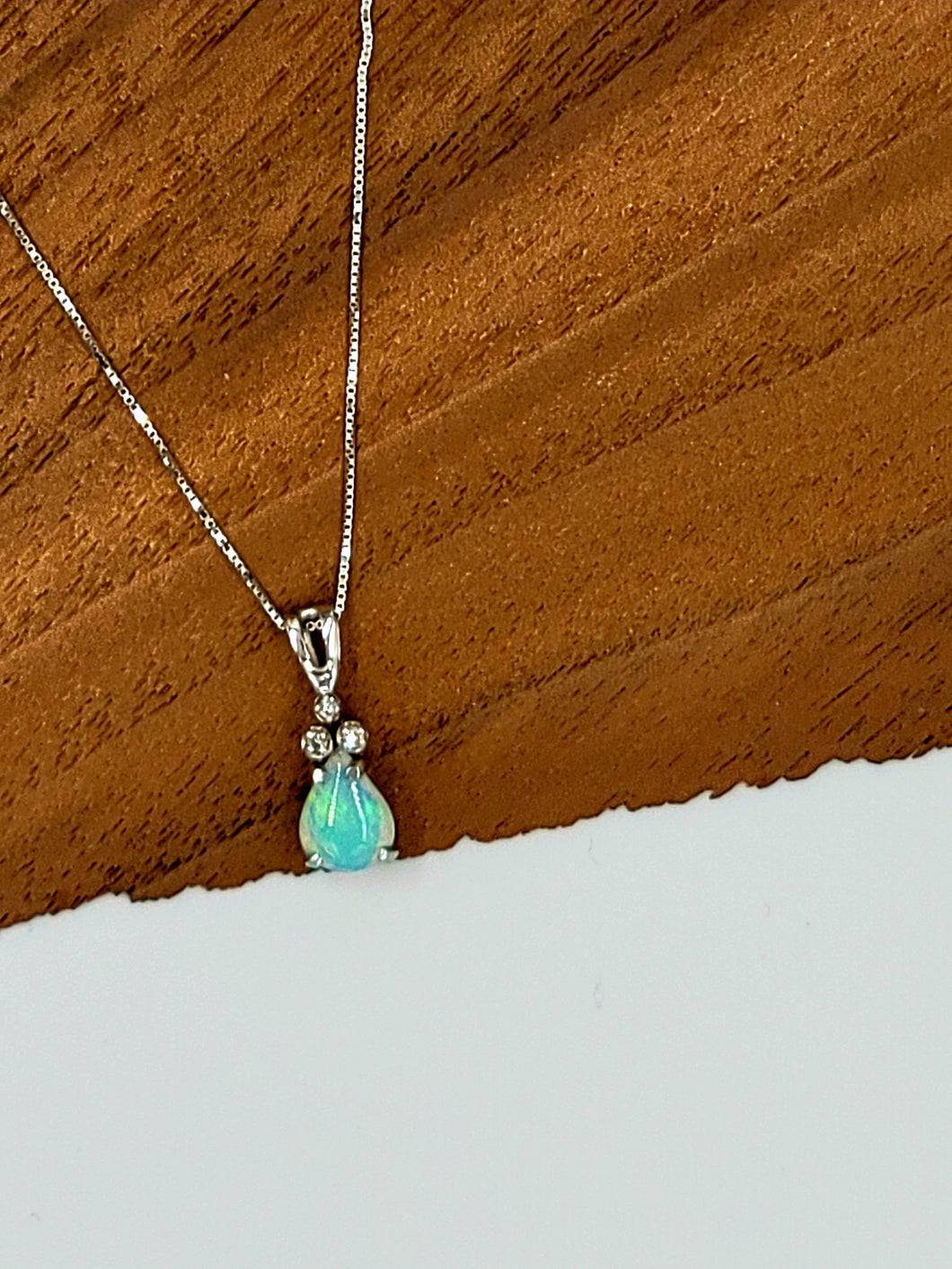 White Gold Australian Opal with Diamond Crown Necklace